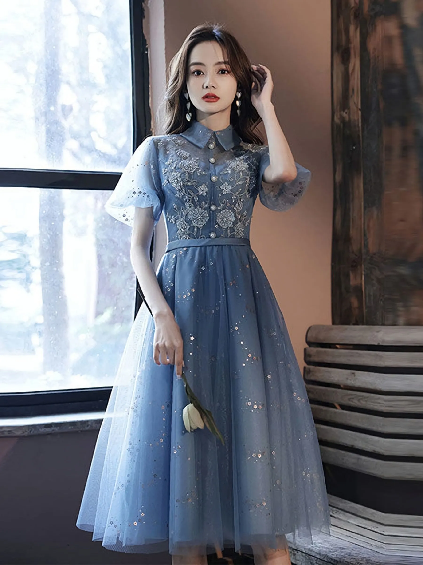 Blue Tulle Lace Short Prom Dress Blue Tulle Homecoming Dress
