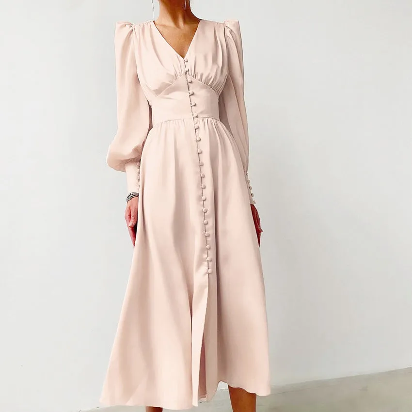 DEANWANGKT Autumn and Winter Women's European and American Long Dress V-neck Cross-Border Hot Sale Foreign Trade Satin Court Waist-Tight Retro Dress Women