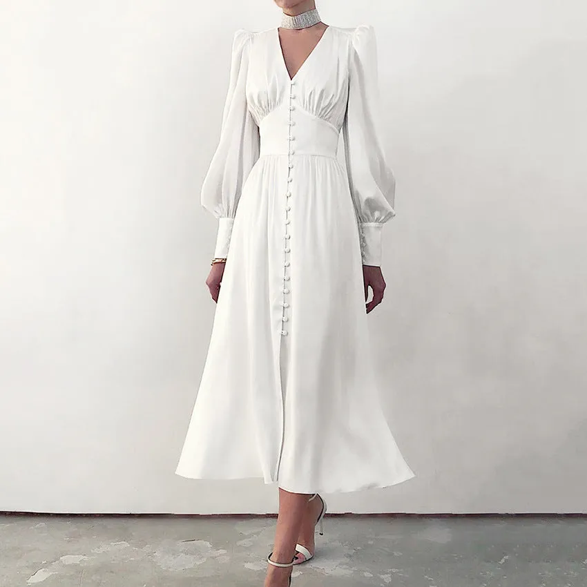 DEANWANGKT Autumn and Winter Women's European and American Long Dress V-neck Cross-Border Hot Sale Foreign Trade Satin Court Waist-Tight Retro Dress Women