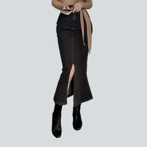 Long peplum denim skirt