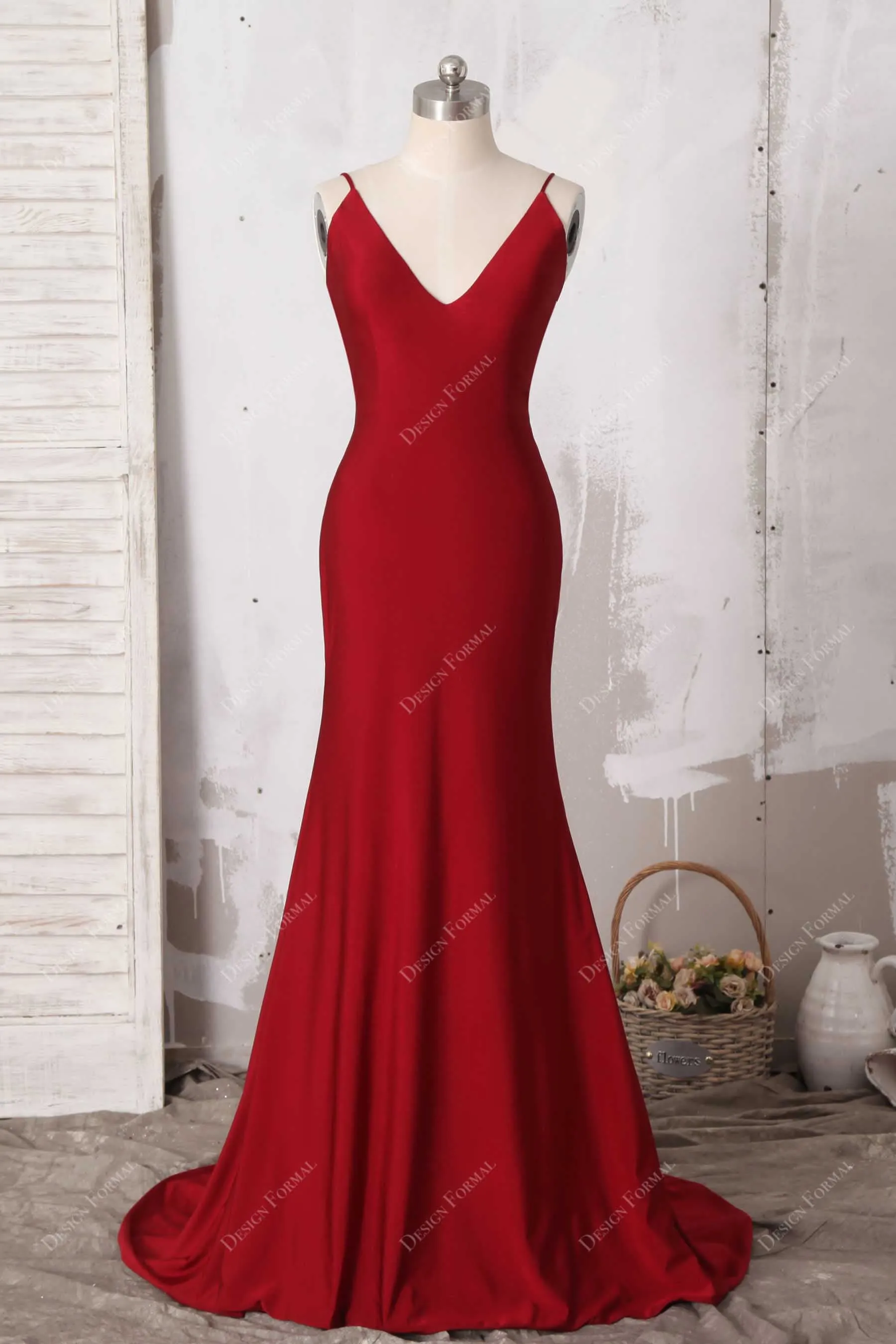 Red Jersey V-neck Simple Mermaid Sleeveless Evening Dress